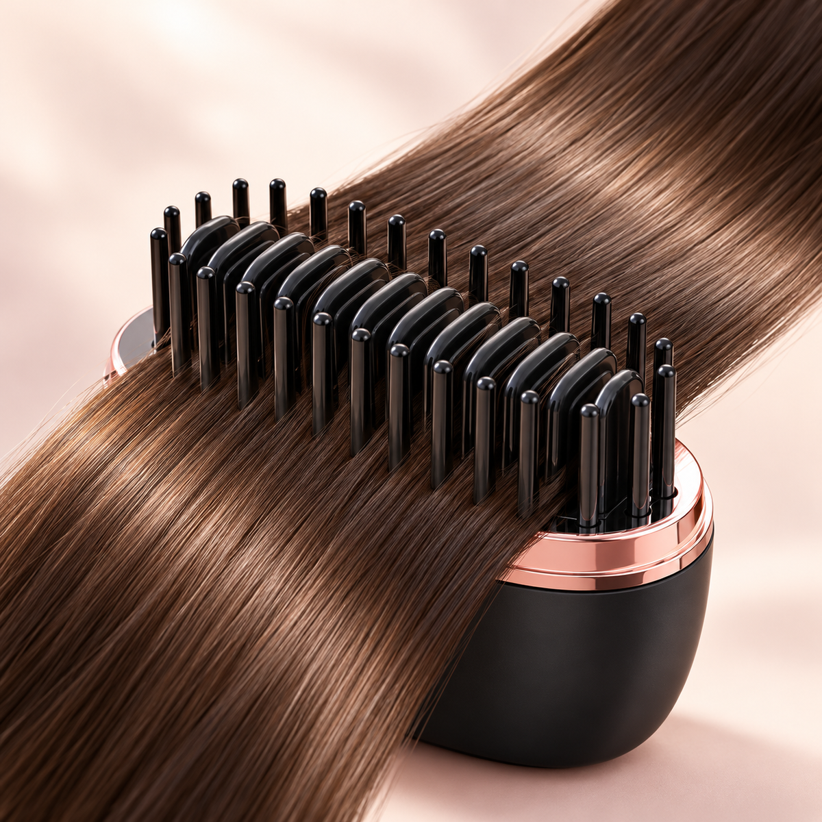 Close-up of hair passing between the black Sleekora comb teeth and heating fins