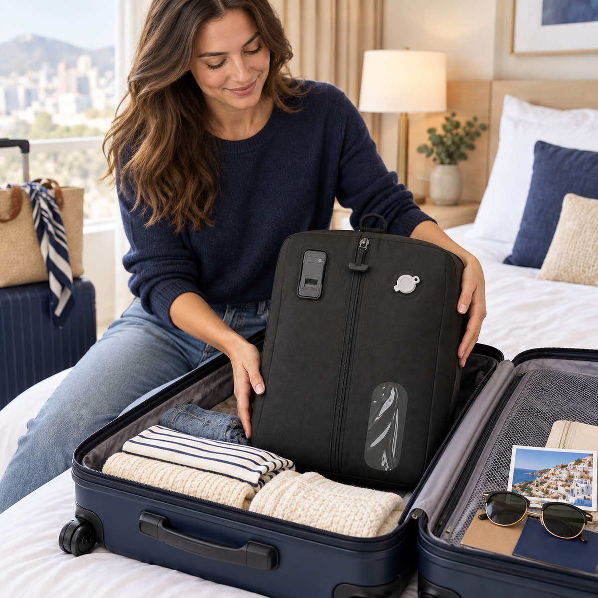 Traveler repacking VacuGo in a hotel room