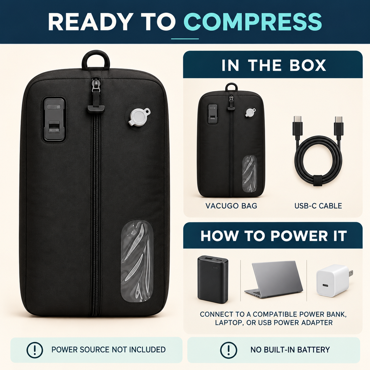 VacuGo bag USB-C cable and compatible power source guide