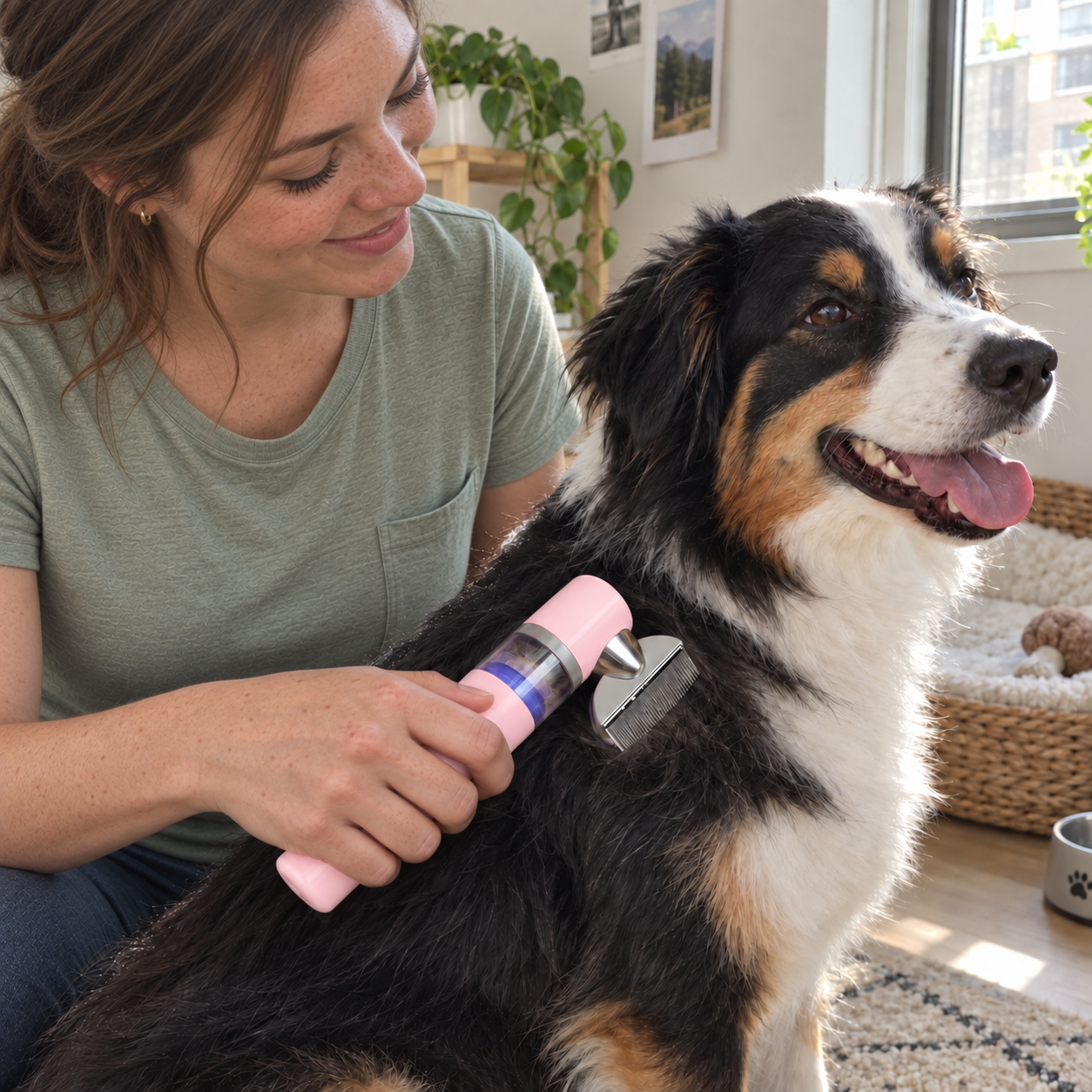 FurSweep grooming a relaxed golden retriever