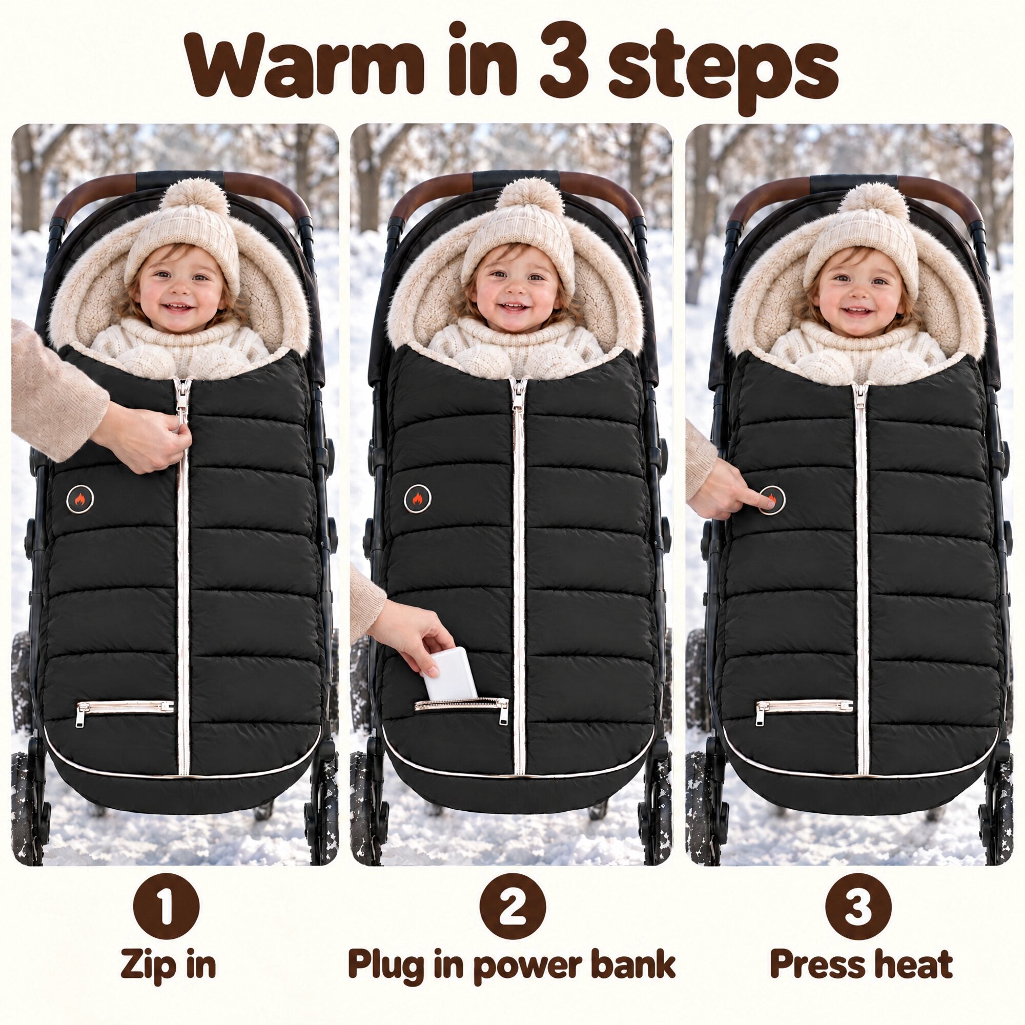 Warm in three steps: zip in, plug in power bank, press heat