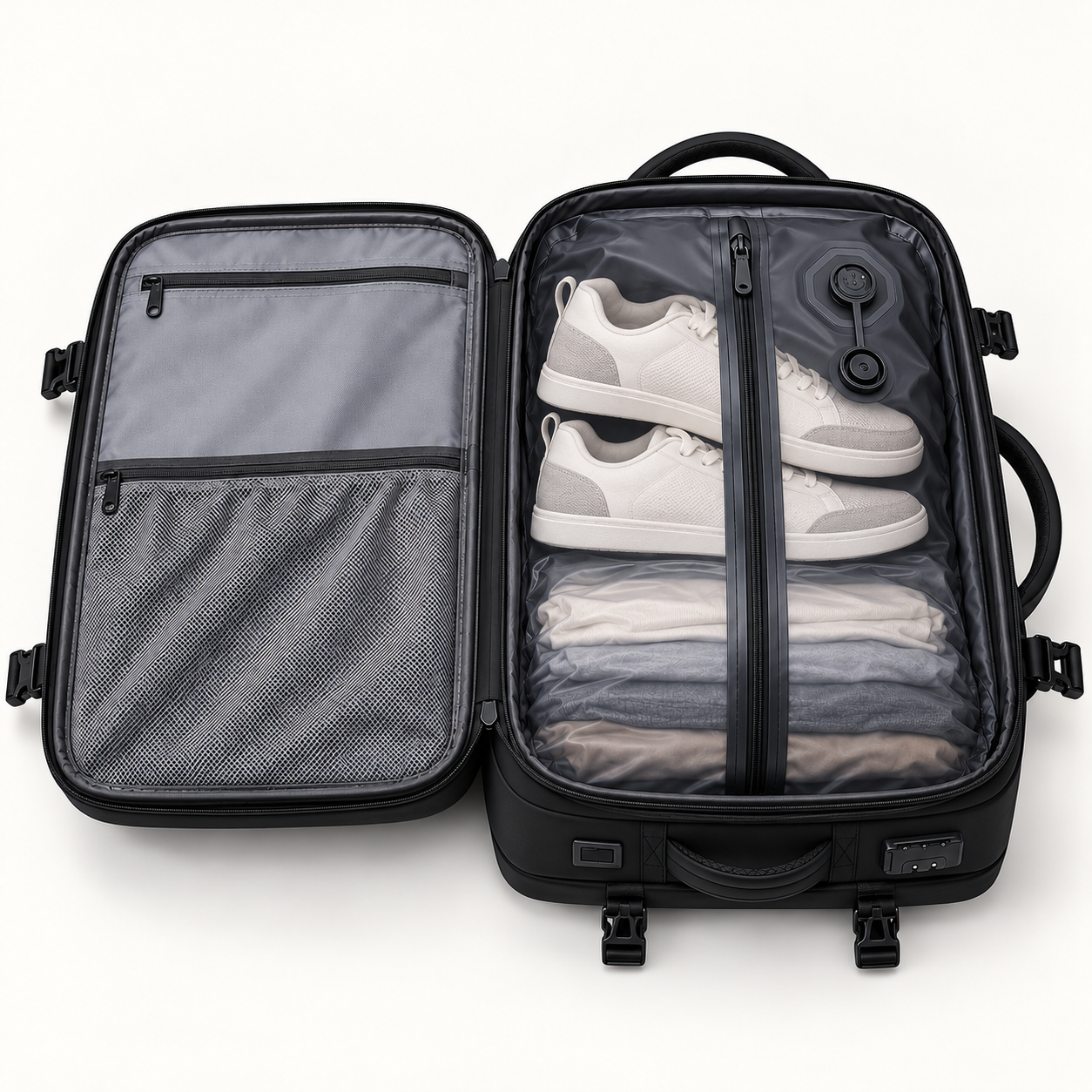 Illustrated compressed clothes leave space for shoes in the same backpack