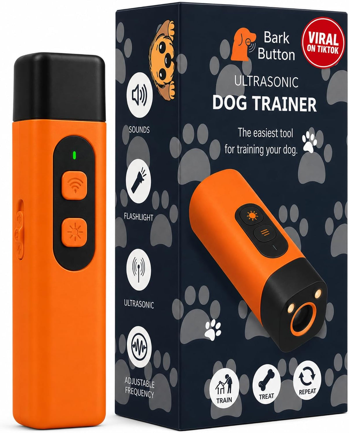 Bark Button ultrasonic dog training device and retail box