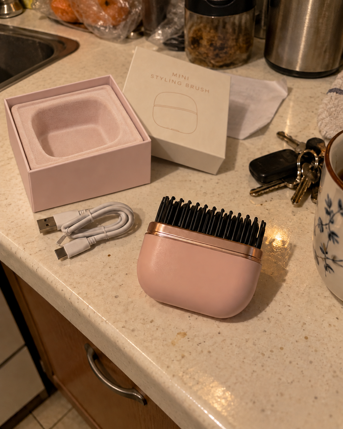 May's pink mini styling brush, USB charging cable and opened packaging on a kitchen counter