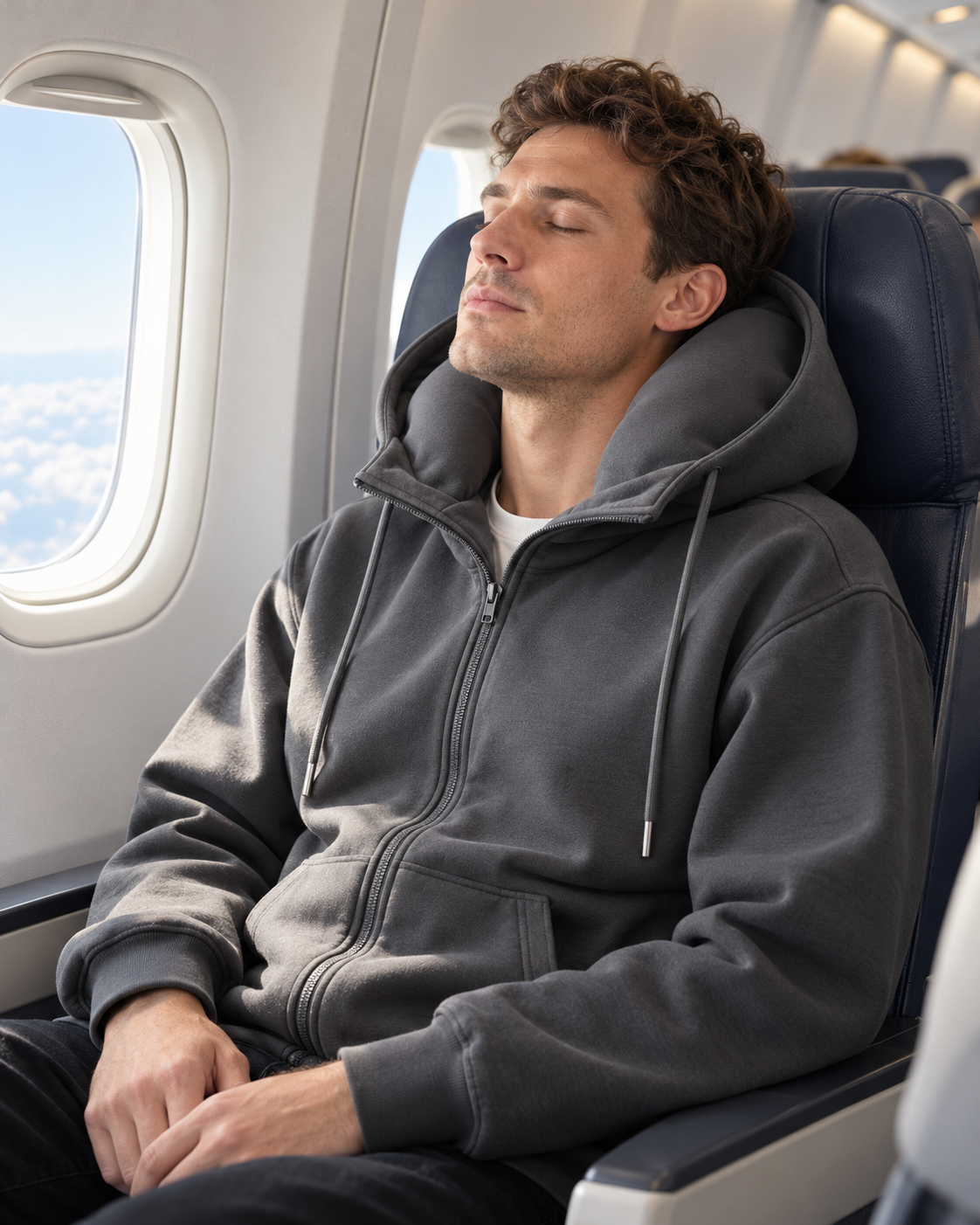 Traveler resting upright with adjustable support built into the hoodie collar