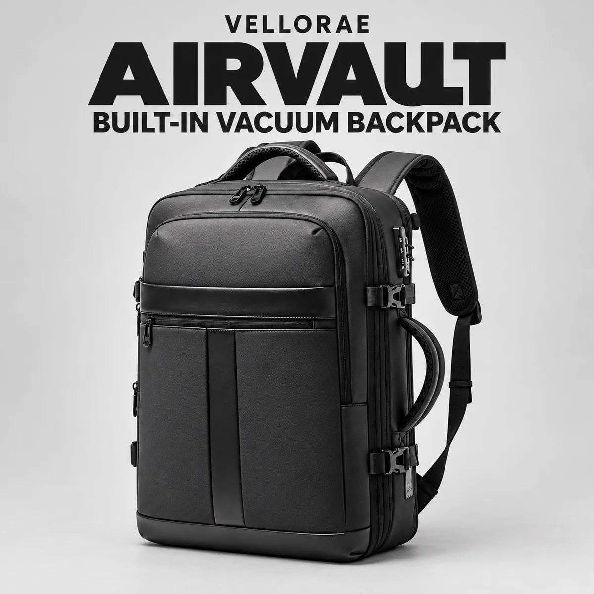 Black AirVault backpack: built-in vacuum, 16-inch laptop storage and 7.5 cm expansion