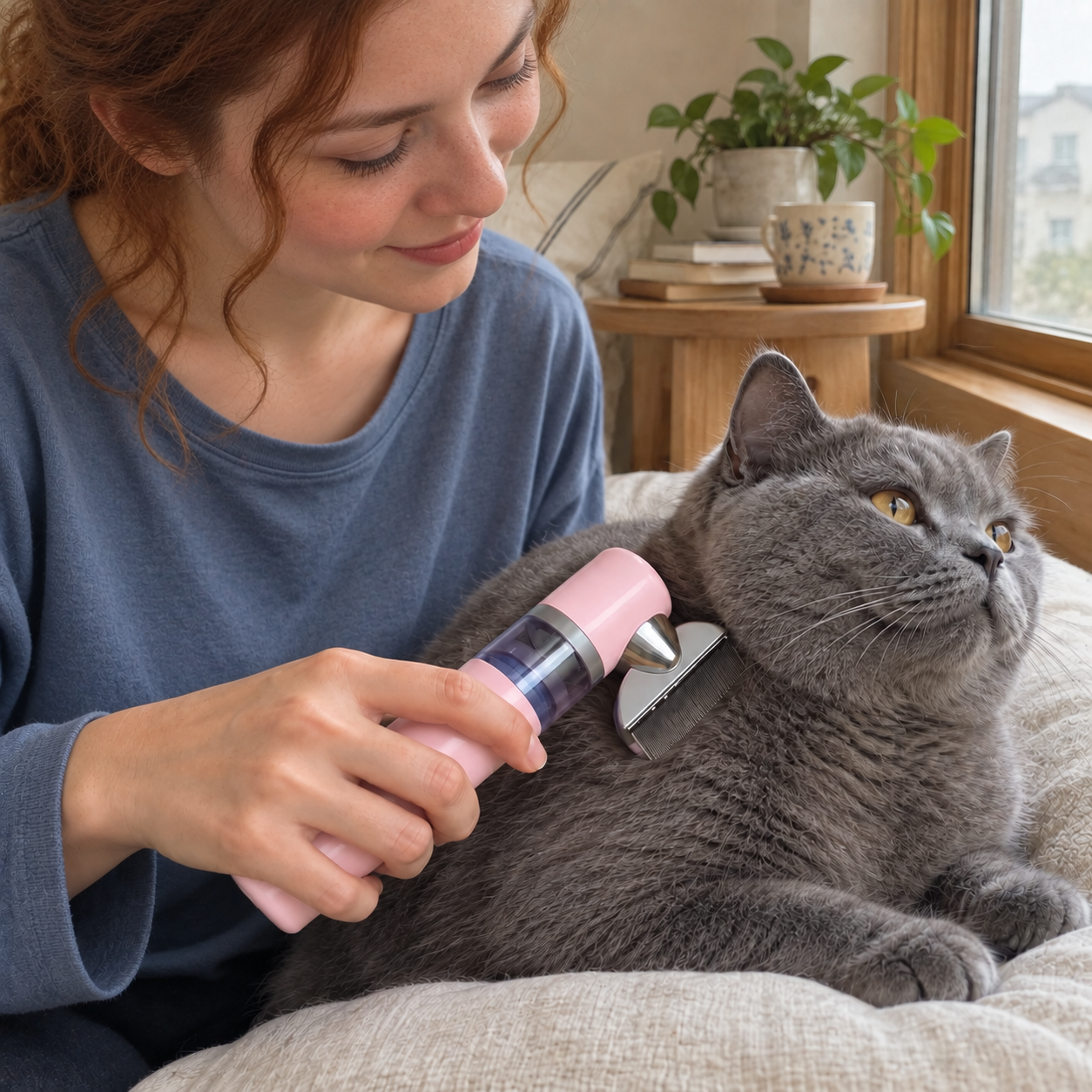 FurSweep grooming a relaxed long-haired cat