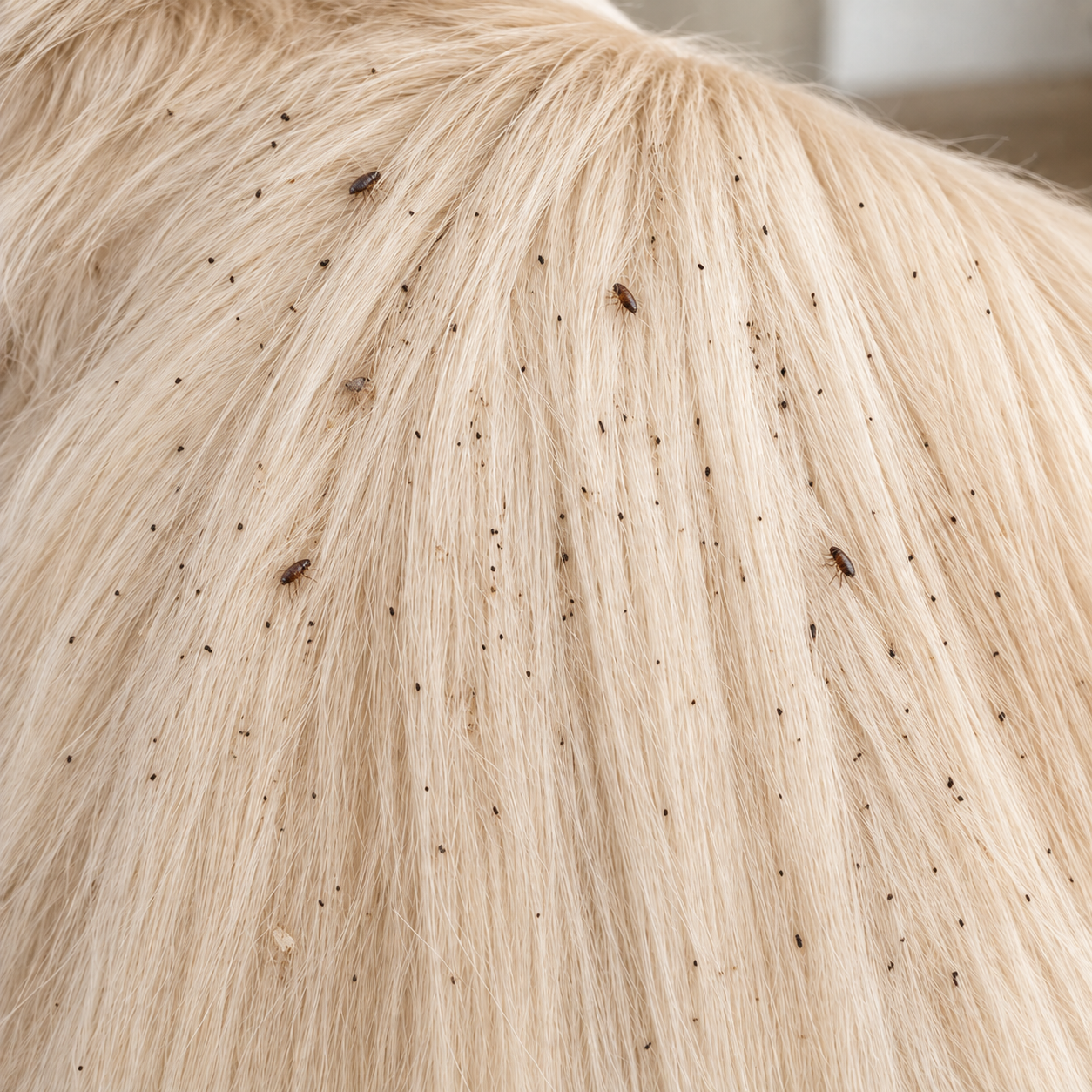 Pet coat with visible fleas, flea dirt, loose fur, and surface debris before grooming