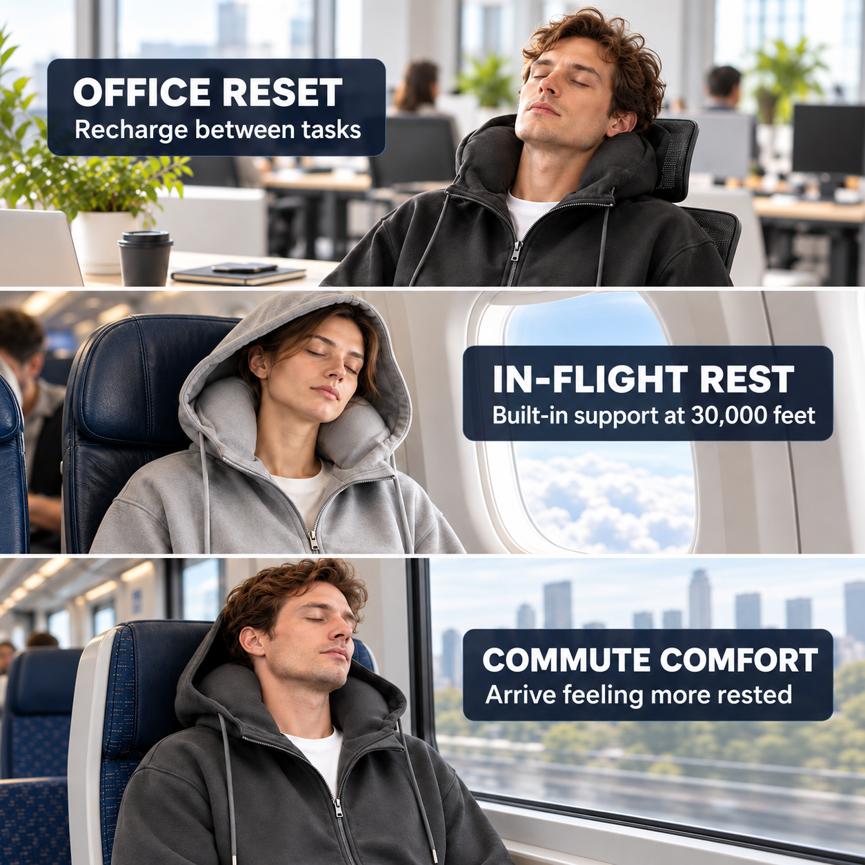 Travel sleep hoodie used for an office break, an airplane rest and a train commute